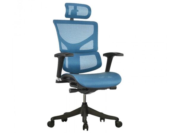 Ergonomiczny fotel biurowy niebieski z zagłówkiem i podłokietnikami