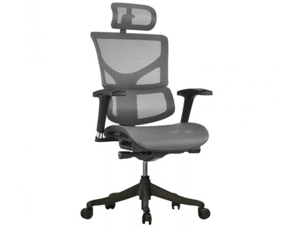Ergonomiczny fotel biurowy szary z siatką i zagłówkiem