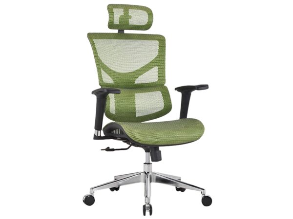 Ergonomiczny fotel biurowy zielony z siatki z zagłówkiem i podłokietnikami