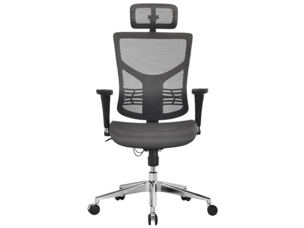 Ergonomiczny fotel biurowy szary z siatką i zagłówkiem