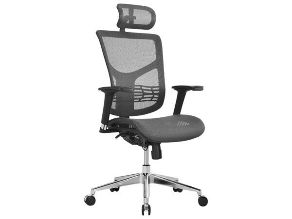 Ergonomiczny fotel biurowy szary z siatką i zagłówkiem