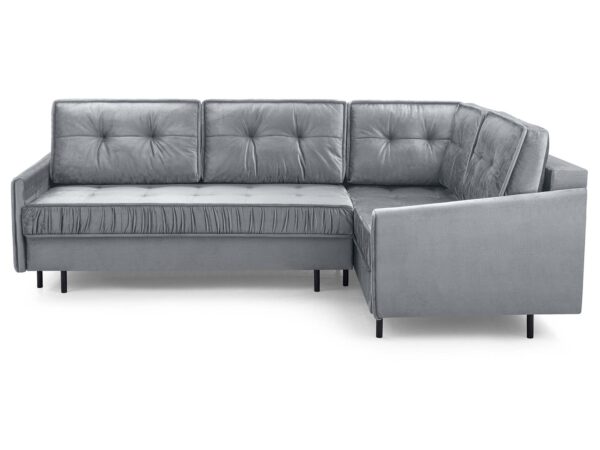 Narożnik wypoczynkowy szary welurowy z pikowanymi oparciami na czarnych nóżkach