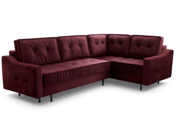 Bordowy narożnik tapicerowany z pikowanymi oparciami na metalowych nóżkach