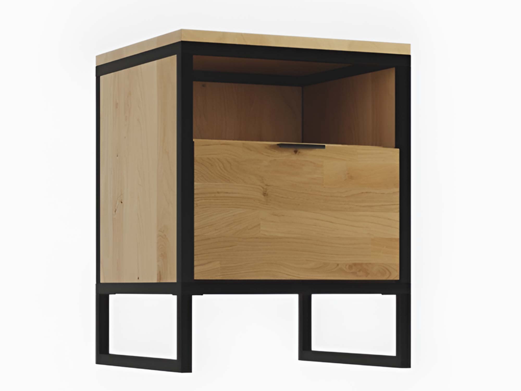 Szafka RTV z otwartym systemem na klik, czarne wykończenie i złote nogi