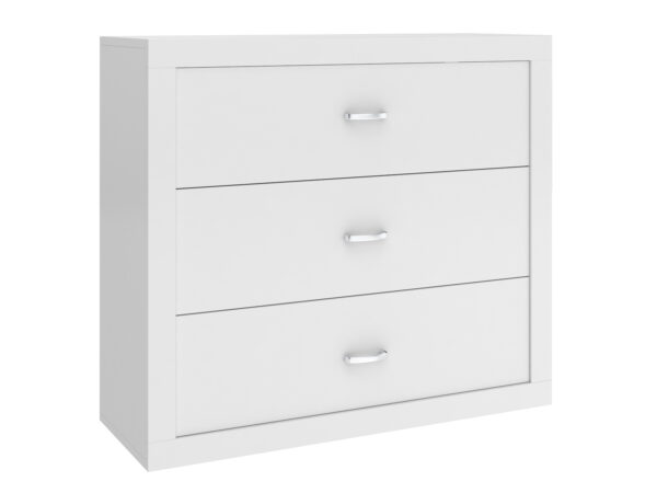 Biała komoda z trzema szufladami i chromowanymi uchwytami