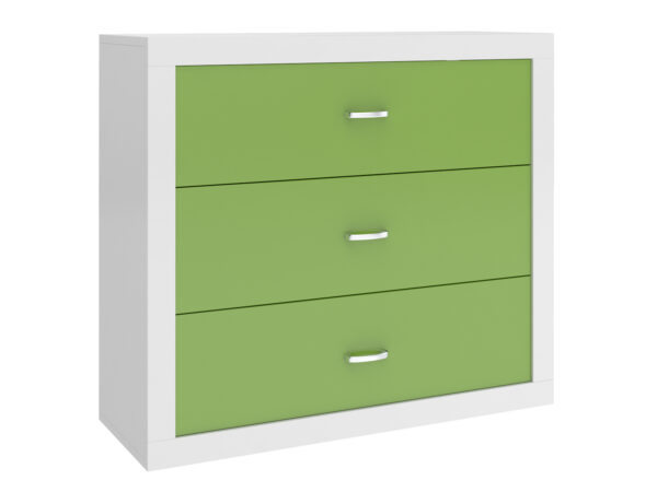 Biała komoda z trzema zielonymi szufladami i chromowanymi uchwytami