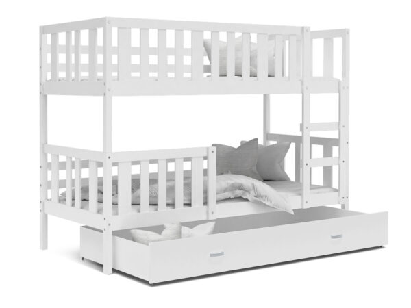 Białe drewniane łóżko piętrowe z drabinką i szufladą