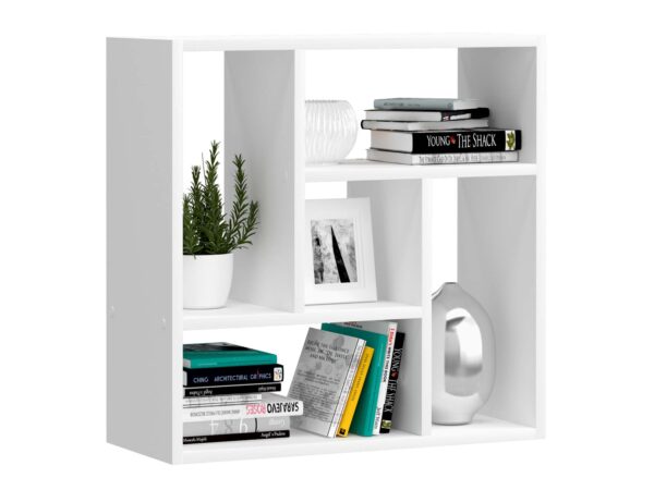 Biały regał z pięcioma otwartymi przegrodami na książki