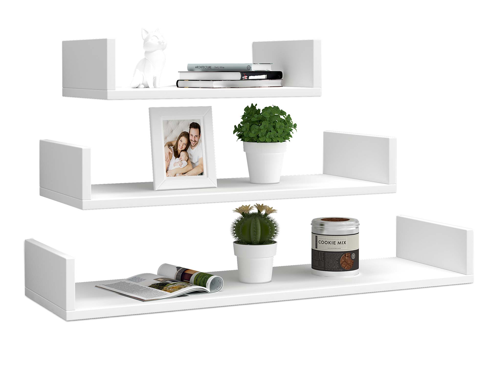 Zestaw trzech białych półek ściennych o różnych rozmiarach