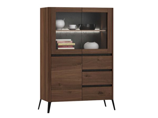 Witryna szeroka orzech z oświetleniem LED i szufladami