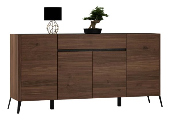 Komoda szeroka orzech z trzema drzwiami i szufladą