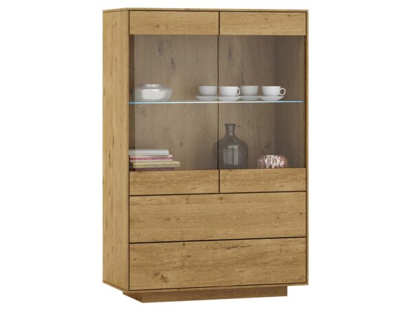 Witryna dąb artisan z przeszkleniem LED i trzema szufladami