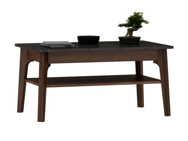 Stolik kawowy orzech z szarym blatem marmurowym i półką