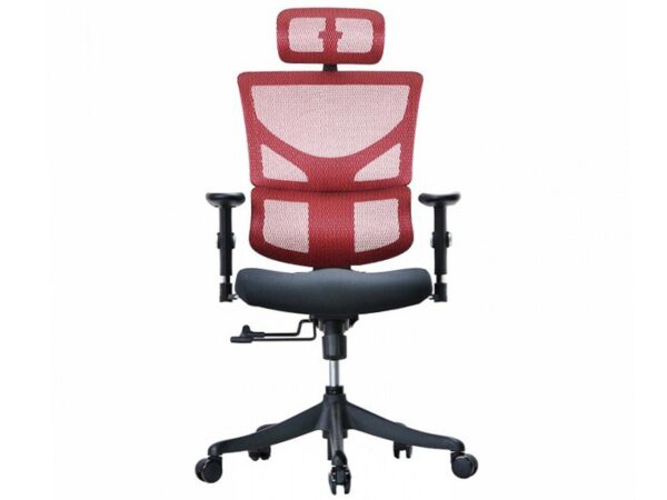 Ergonomiczny fotel biurowy czerwony z siatką i zagłówkiem