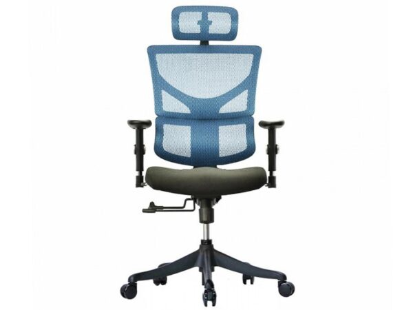 Ergonomiczny fotel biurowy niebieski z siatką i zagłówkiem