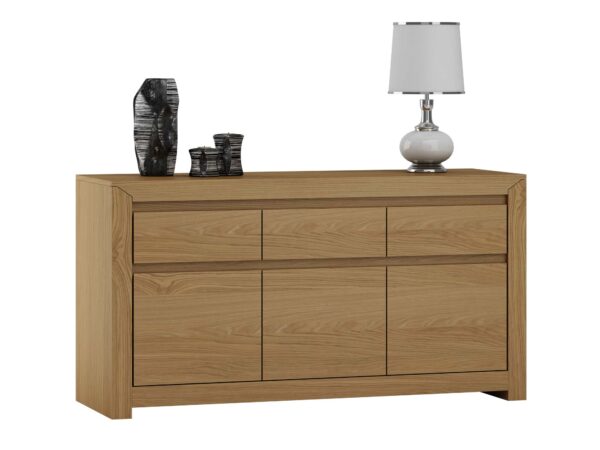 Komoda szeroka dąb naturalny z trzema drzwiami i szufladami