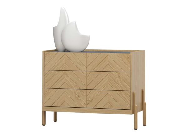 Komoda trzyszufladowa dąb naturalny z frontami jodełkowymi i szarym blatem