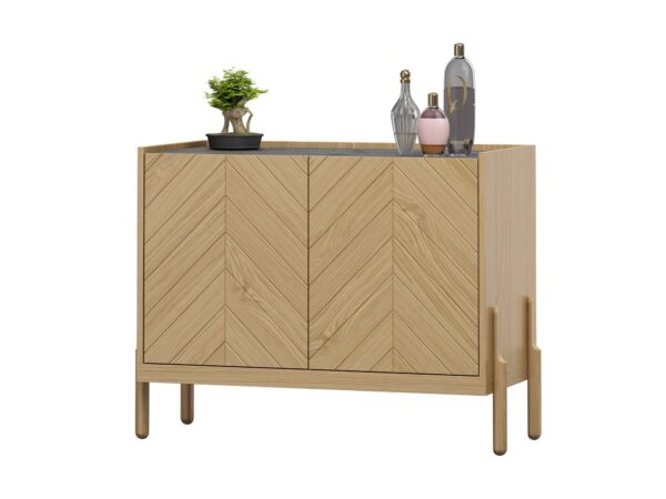 Komoda niska dwudrzwiowa dąb naturalny z wzorem jodełkowym