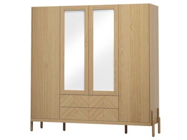 Szafa czterodrzwiowa dąb naturalny z lustrami i szufladami jodełkowymi
