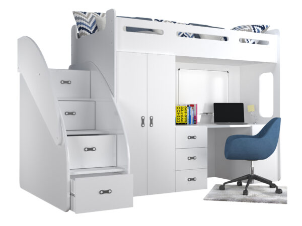 Białe łóżko piętrowe z biurkiem szafą i schodkami z szufladami