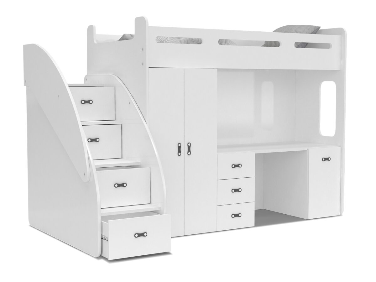 Łóżko piętrowe Noelis z biurkiem i szafą w zestawie