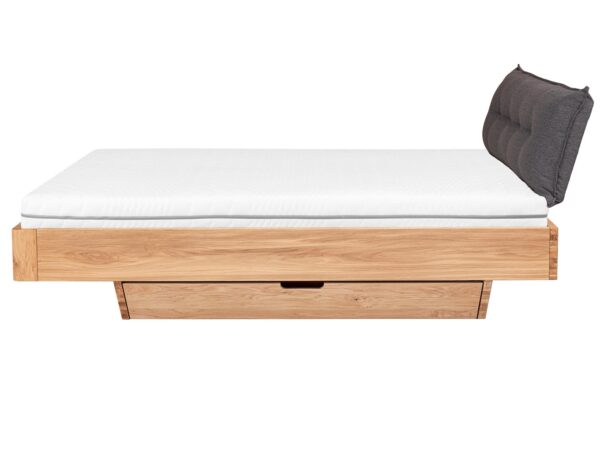 Łóżko drewniane dębowe z szufladą i tapicerowanym zagłówkiem