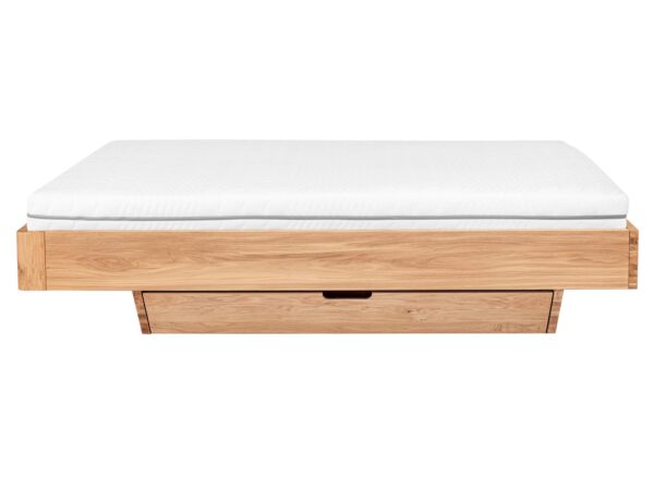Łóżko drewniane dębowe z szufladą i białym materacem