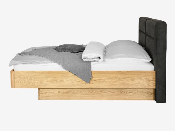 Łóżko dębowe z tapicerowanym zagłówkiem w kolorze grafitowym