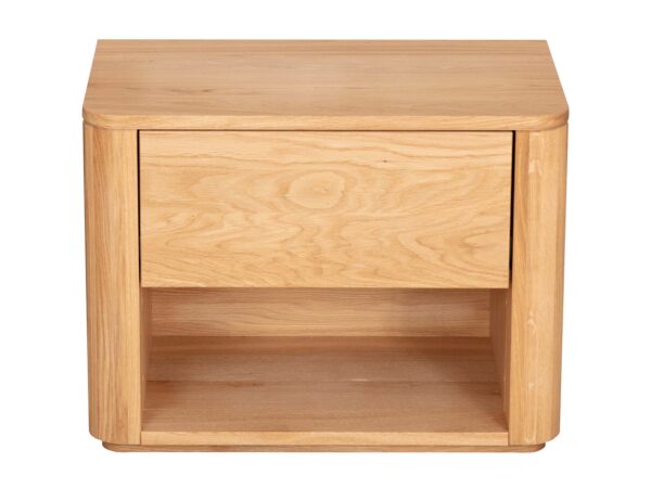 Szafka nocna dębowa z szufladą i otwartą wnęką pełna sylwetka