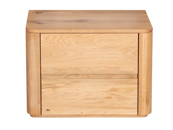 Dębowa szafka nocna z dwiema szufladami i wnęką pełna sylwetka