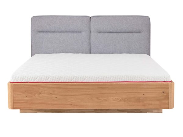 Dębowe łóżko dwuosobowe z tapicerowanym szarym zagłówkiem