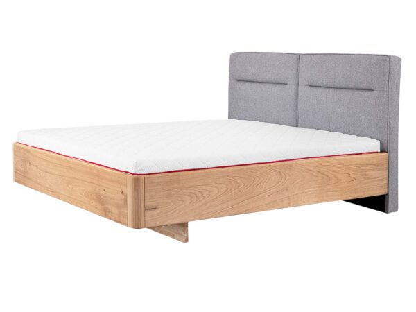 Łóżko dębowe z tapicerowanym szarym zagłówkiem dwudzielnym