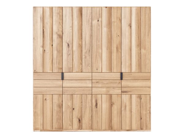 Trzydrzwiowa szafa dąb naturalny z szufladami i czarnymi uchwytami