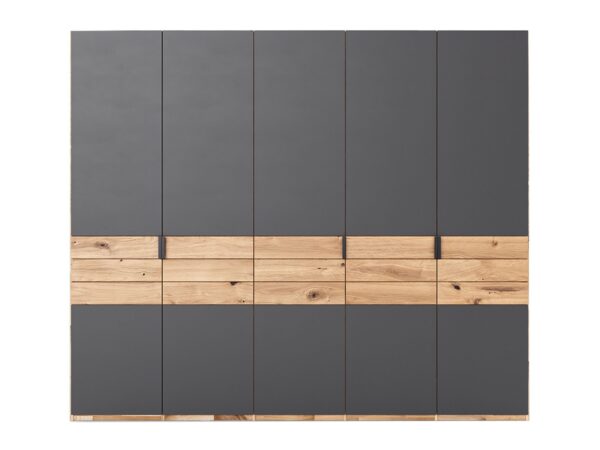 Pięciodrzwiowa szafa garderobiana grafit z drewnianymi wstawkami dąb