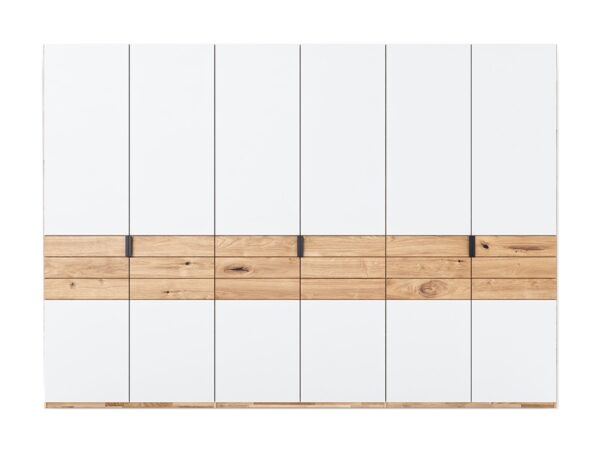 Biała szafa garderobiana sześciodrzwiowa z pasem dekoru dębowego