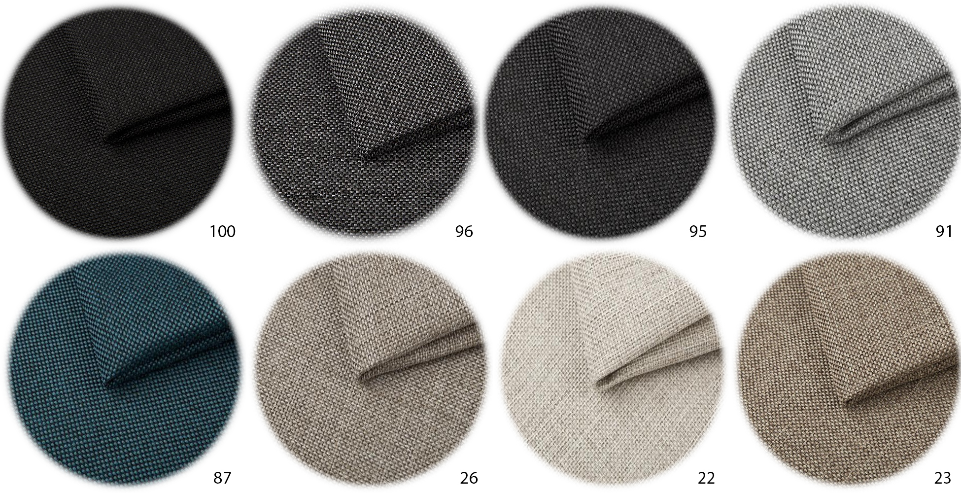 Próbki tkanin tapicerskich w ośmiu kolorach od czarnego po beżowy