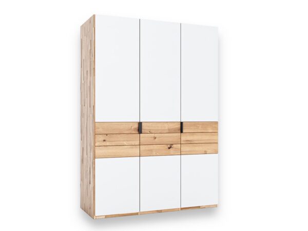 Trzydrzwiowa szafa biała z elementami dąb naturalny i szufladami
