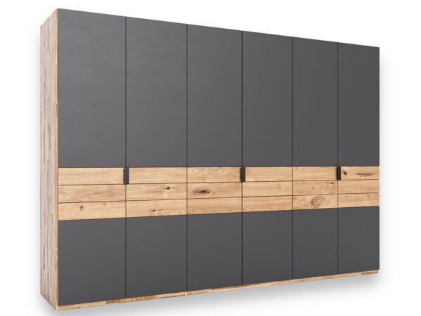 Nowoczesna szafa garderobiana antracyt z drewnianymi wstawkami dąb