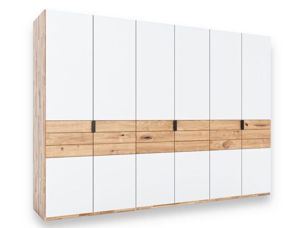 Biała szafa garderobiana sześciodrzwiowa z pasem dębowym i czarnymi uchwytami