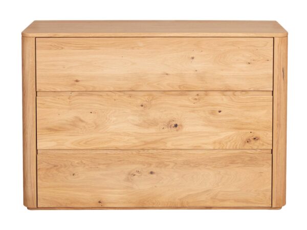 Komoda dębowa trzyszufladowa z zaokrąglonymi bokami pełna sylwetka