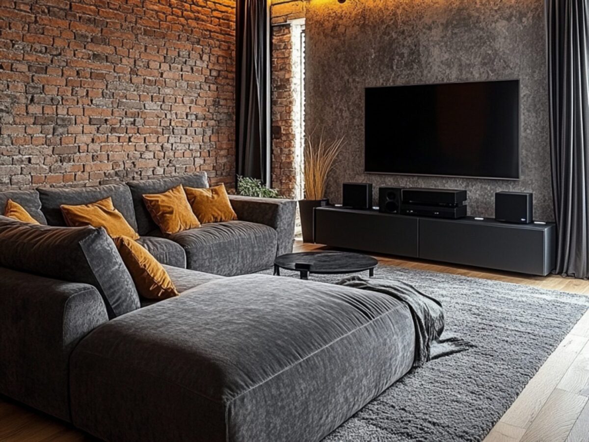 Salon w stylu loft z ceglaną ścianą i narożnikiem grafitowym