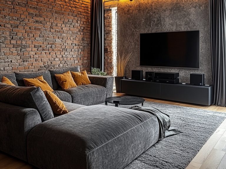 Salon w stylu loft z ceglaną ścianą i narożnikiem grafitowym