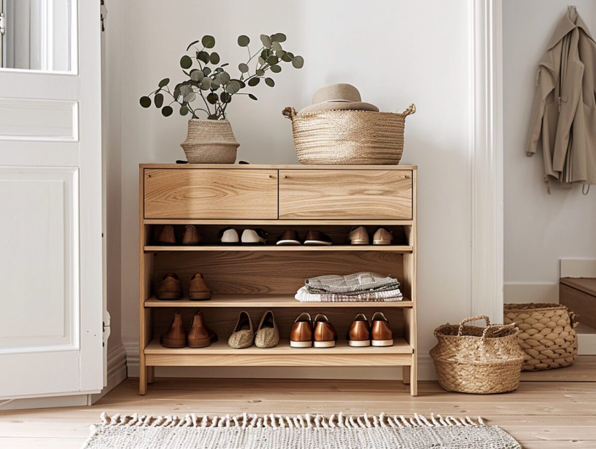 Drewniany regał na buty z półkami w nowoczesnym holu