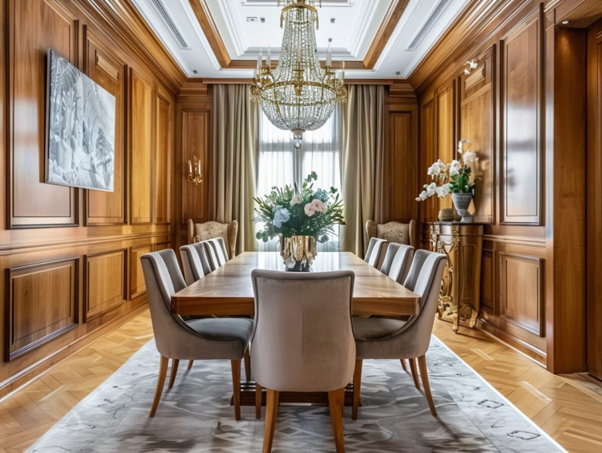 Jadalnia glamour z żyrandolem i drewnianymi panelami