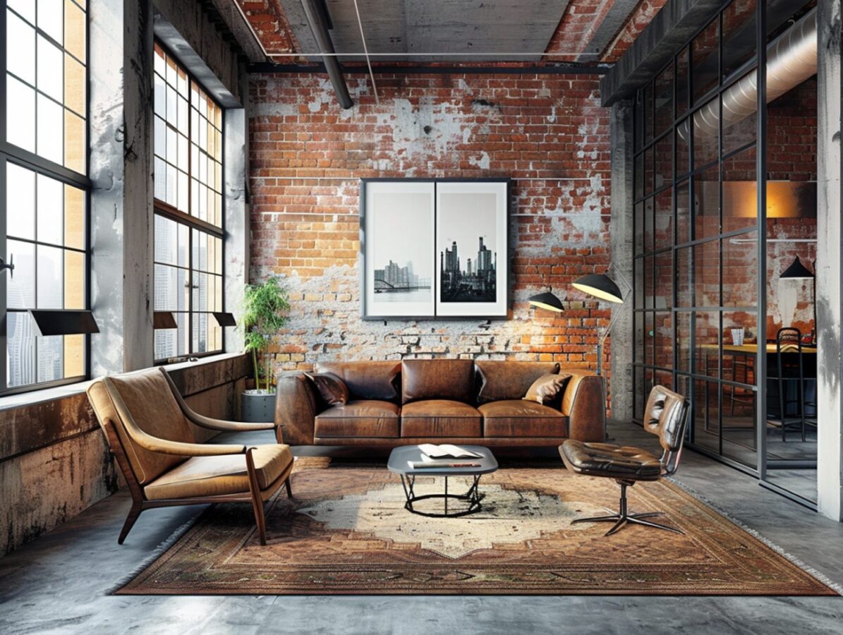 Salon loftowy z ceglaną ścianą i skórzaną sofą vintage